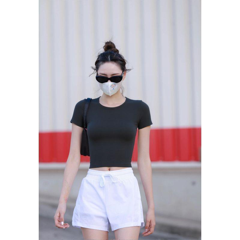 

Новая футболка с круглым вырезом для йоги, с коротким рукавом, ощущение обнаженности, дышащая, тянущаяся, спортивная, с коротким рукавом, облегающий топ, лето Black 4