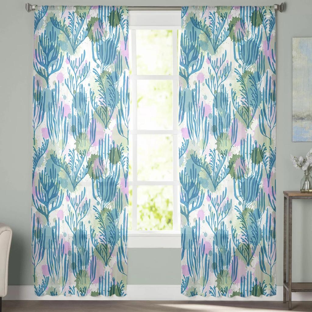 Seagrass Coral Ocean Watercolor Sheer Curtains Transparent Voile Tulle for Bedroom Window Holiday Decoration