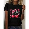 Women' Elegant Short-Sleeve T-Shirt with Cherry Fruit Print Blouse-Compatible Top | Round Neck Spring Summer Beachwear