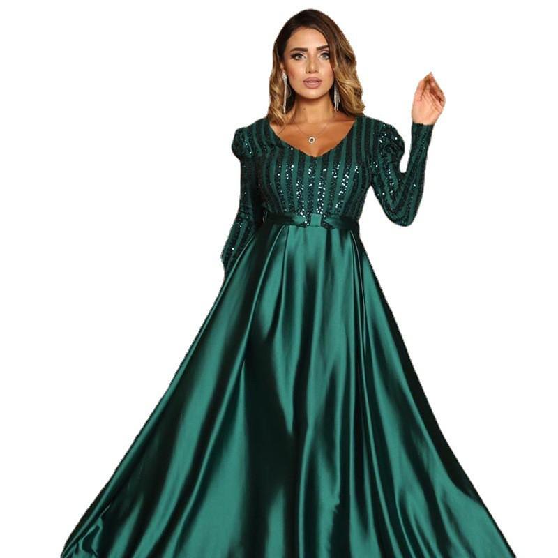 Elegant Deep V-Neck Long Sleeve Floor-Length Evening Gown With Small Train Women Formal Party Wedding Guest Dress