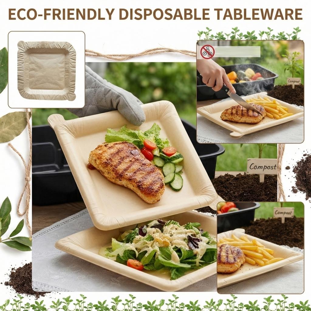 Disposable Tableware — Non-Stick, - Square Plates With A Peel-Away Design For Easy Serving; Material Suitable For Both
