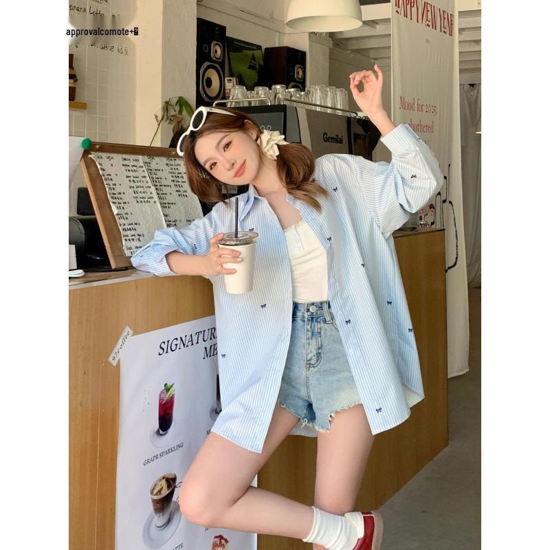 2026 Women's Blue & White Striped Long Sleeve Bow Shirt - Stylish Mid-Length, Sun Protection, Perfect for Early Autumn