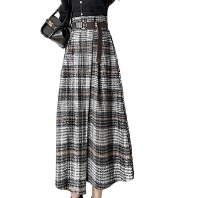 Asymmetrischer karierter Rock für Herbst und Winter [RREMN] Damen Midi-Länge Gemustert, Mit Gürtel, Dick, (Größe M, Grau)