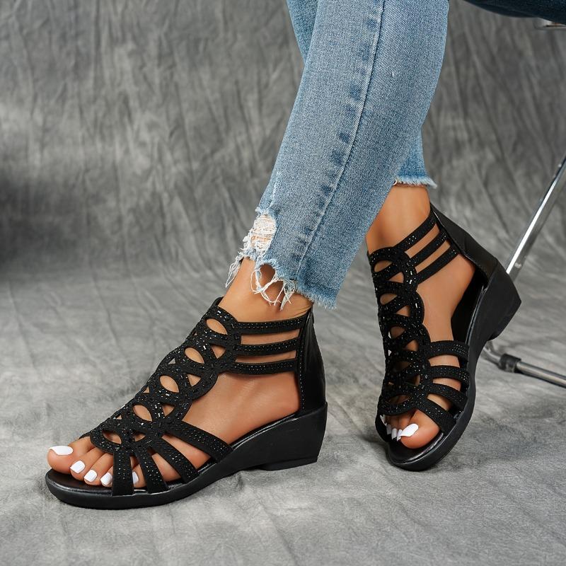 Elegant Women'S Sandals with Rhinestone Embellishments, Open-Toe Ankle Strap, Lightweight Comfortable Summer Shoes In Black & Beige