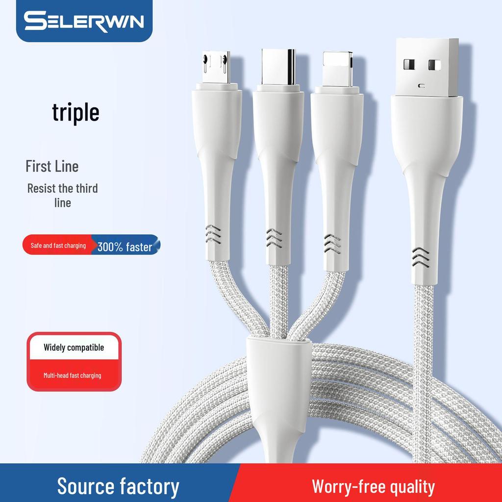 Braided 3-in-1 Fast Charging Cable, 3A, Compatible with Apple & Type-C Android Devices