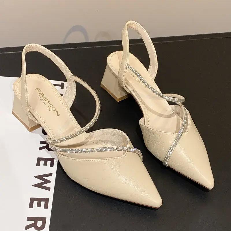 Fashion Block Heel Ladies Shoes Summer 2024 Rhinestones Sandals for Women Footwear One Word Pointed Toe Casual Korea Vintage Trend Daily