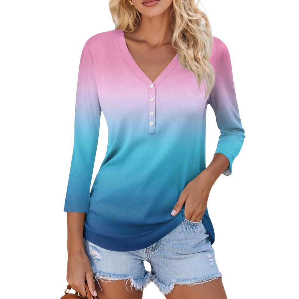 Women's Casual Fashion Sexy Comfortable V-neck Button Gradient Color Three-quarter Sleeve Top