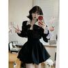 Hepburn Premium Square Neck Black Long Sleeve Dress Autumn Waist Skinny Temperament Small Black Dress Fluffy Dress