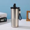 Gradient Color Minimalist Handle Strap Insulated Stainless Steel Vacuum Travel Mug With Straw Lid 600ml
