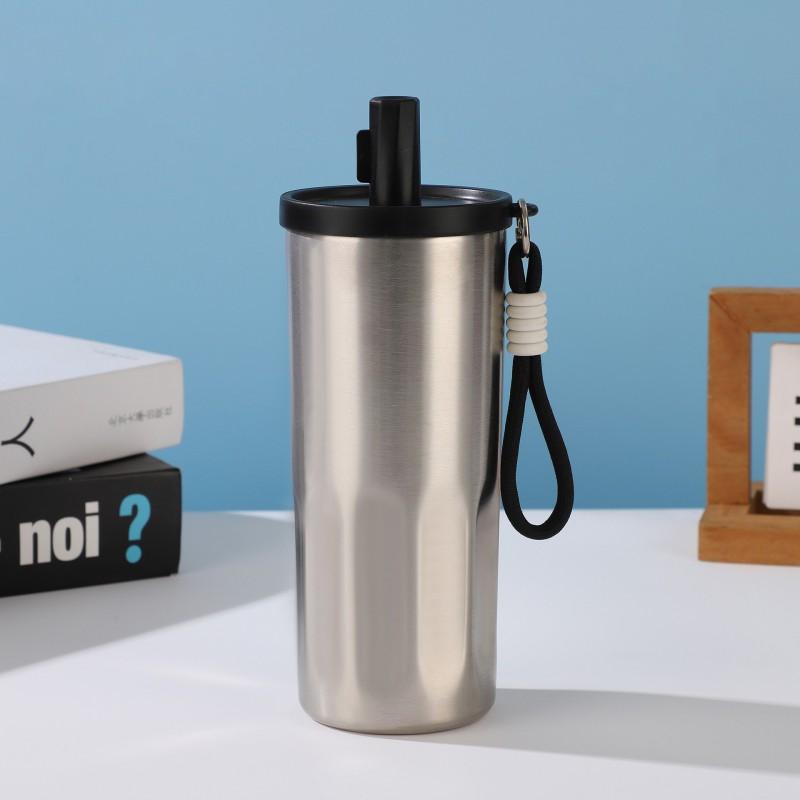 Gradient Color Minimalist Handle Strap Insulated Stainless Steel Vacuum Travel Mug With Straw Lid 600ml