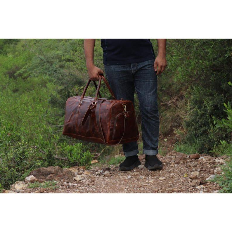 Buffalo Leather Duffle Bag: Handmade Burgundy Weekender Holdall