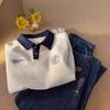 Men Waffle Knit Color Block Cartoon Embroidered Oversized Polo Shirt Casual Streetwear Summer Top
