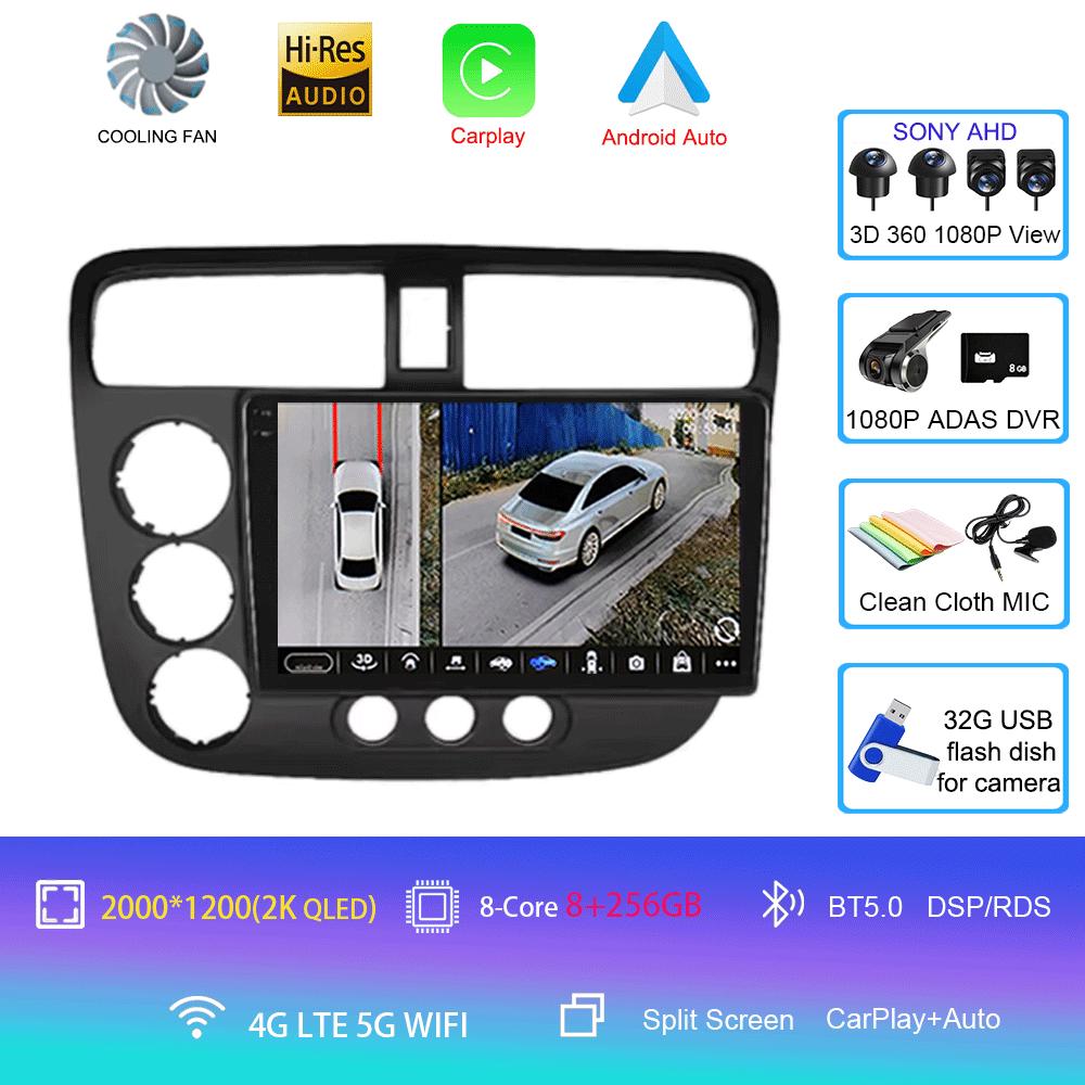 Car Radio Android 14 Carplay Auto Multimedia Player For Honda Civic 7 2000-2006 Navigation Autoradio GPS Stereo 2din Head Unit