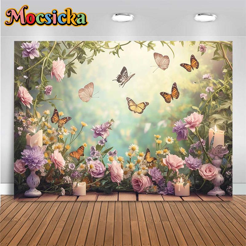 Flower Butterfly Photography Backdrop Purple Pink Yellow Rose Plant Party Wall Background Decoration Fond Photo Studio Photozone