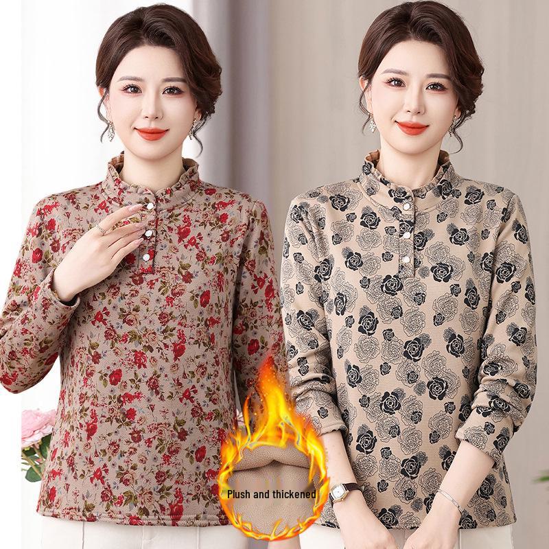 Stylish Patterned Autumn/Winter Shirts for Middle-Aged & Elderly Women - Loose Fit, Belly-Covering, Plus Size Base Layer.