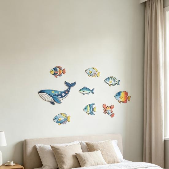 9 Pcs Summer Wood Nautical Beach Wall Decor Coastal Fish Lobster Whale Wall