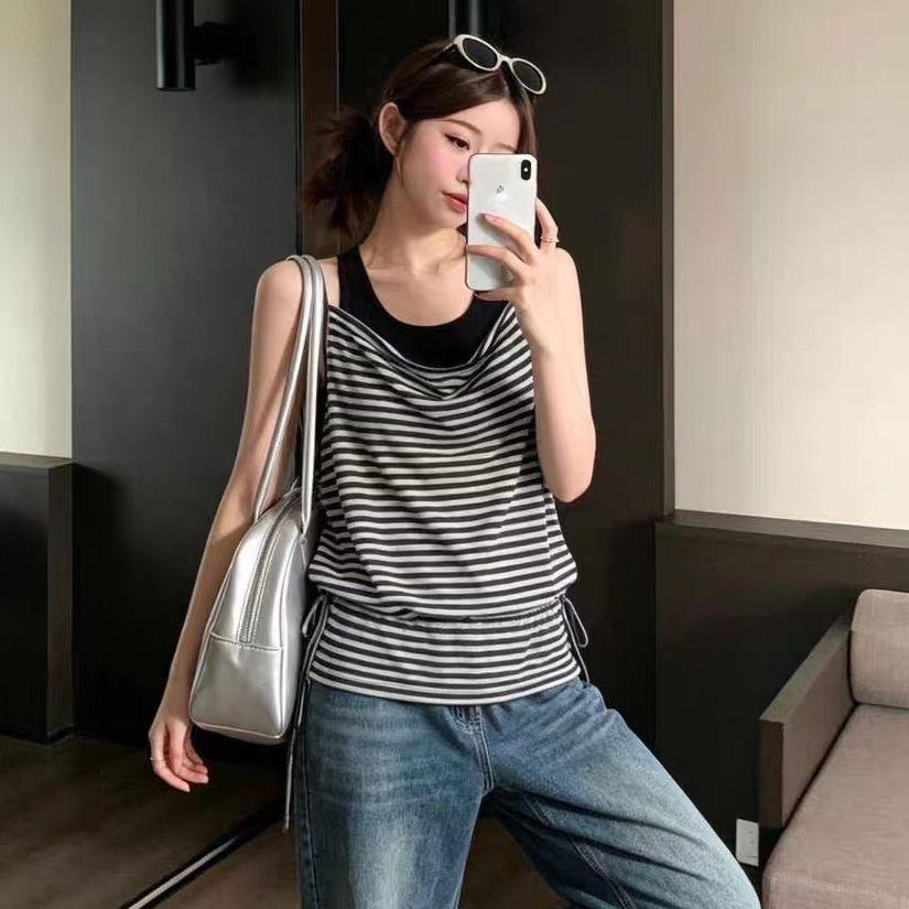 American retro striped swing neck sling vest women's summer Korean relaxation stacked waist thin meat cover top