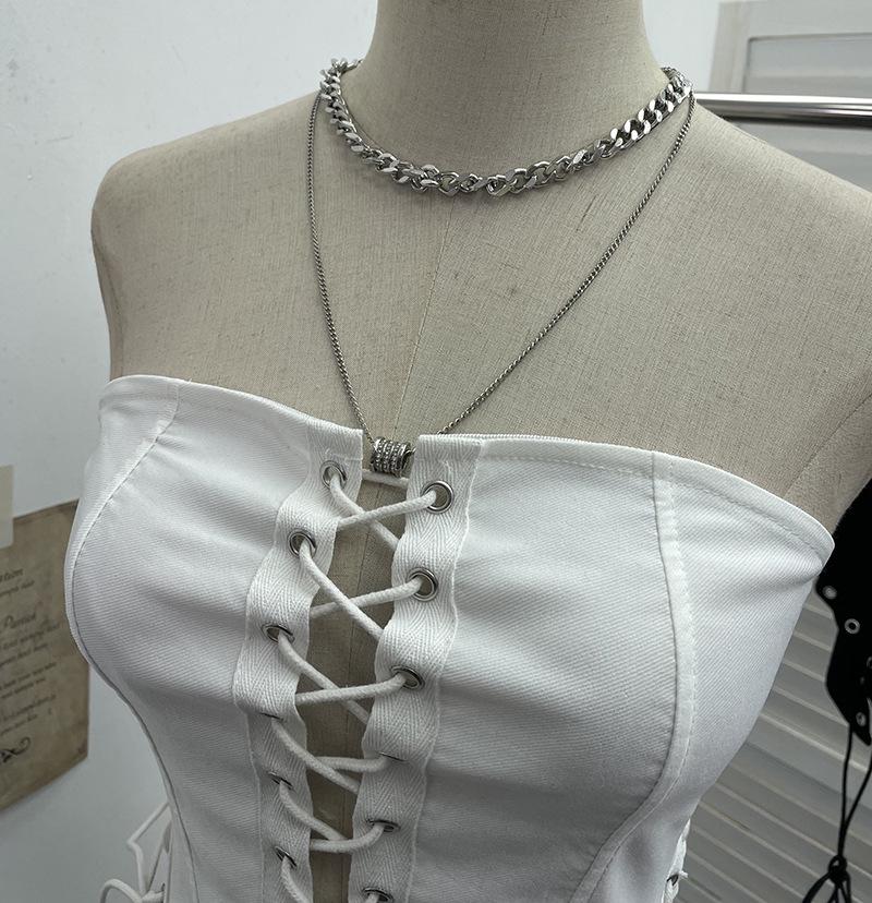 Cross-Border Hollow Lace-Up Bandeau Tank Top with Anti-Slip Strips and Waist Tie 8137