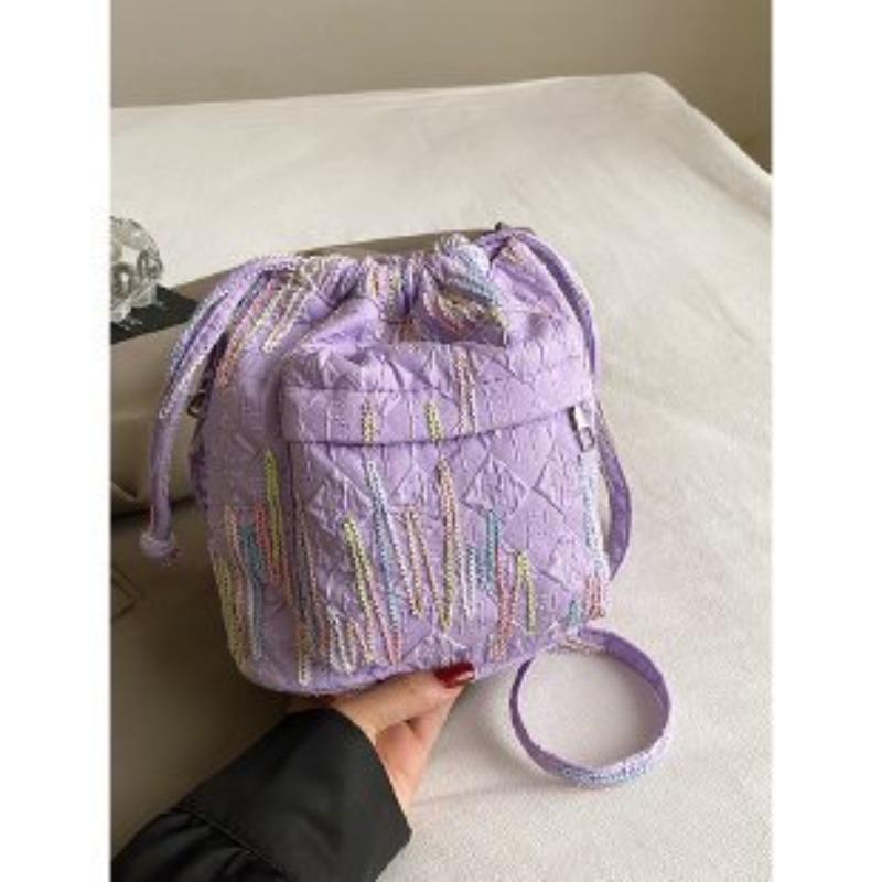 Fashion Rainbow Stripes Embroidery Pleated Bucket Bag Chain Single Shoulder Crossbody Bag Bag
