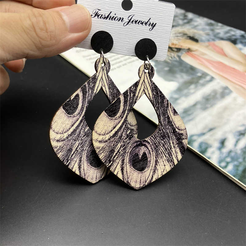 Bohemian Peacock Feather Long Earrings Wooden Earrings Retro Ethnic Style