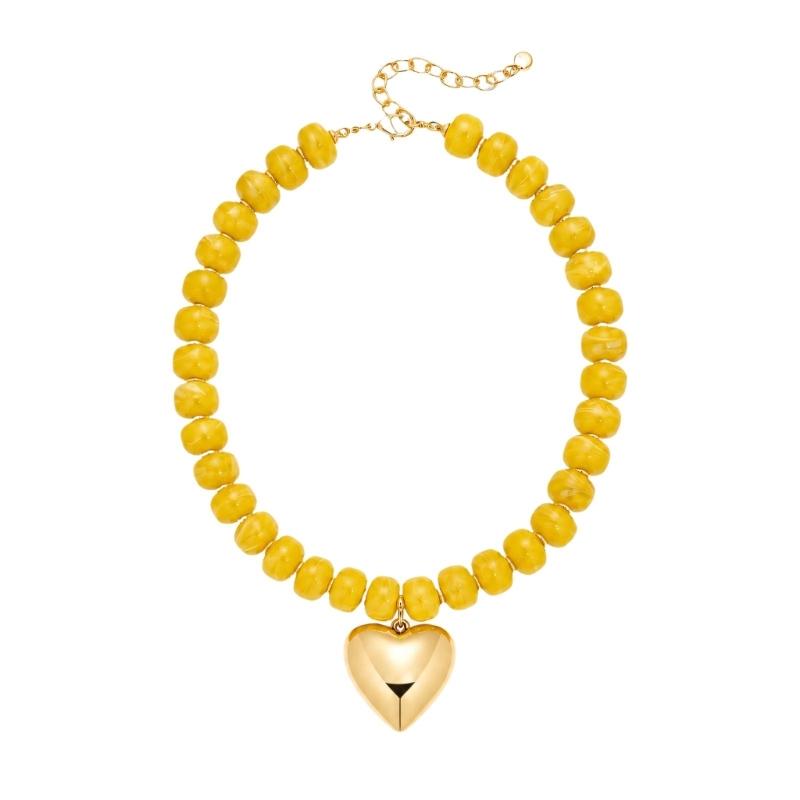 Adjustable Beaded Pendant Necklace with Rounded Resin Beads, Heart-Shaped Center Pendant, Extension Chain, and Lobster Clasp