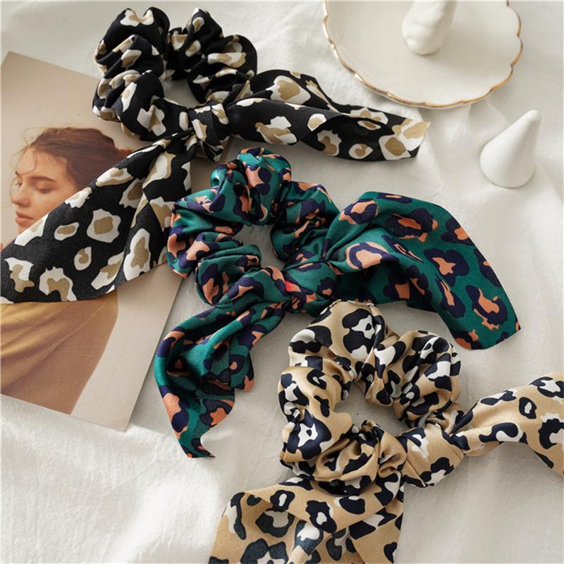 4pcs/Set Chic Leopard Print Satin Cloth Knotted Scrunchy for Women Girls Ponytail Holder Hair Scrunchies Ladies Hairbands