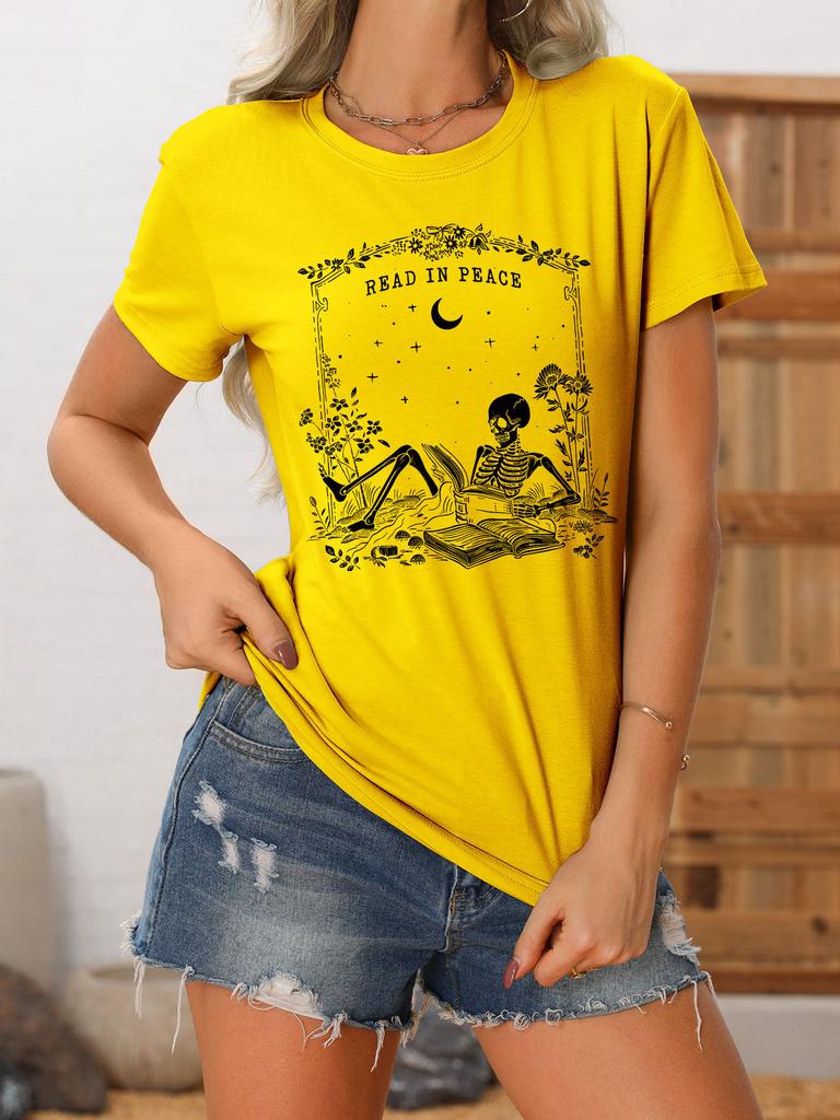 Summer new crewneck Womens casual Tshirt read in peace skull print loose shortsleeved fashion top with all the trend pullove