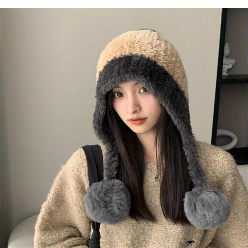 Fashion Autumn and Winter Splicing Knitted Ball Hanging Plush Hat Women Fluffy Plush No Eaves Hat Warm Thickened Plush Ear Hat