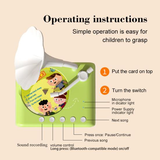 Kids Gramophone Toy with 96 Cards Early Education Children Phonograph Story Music