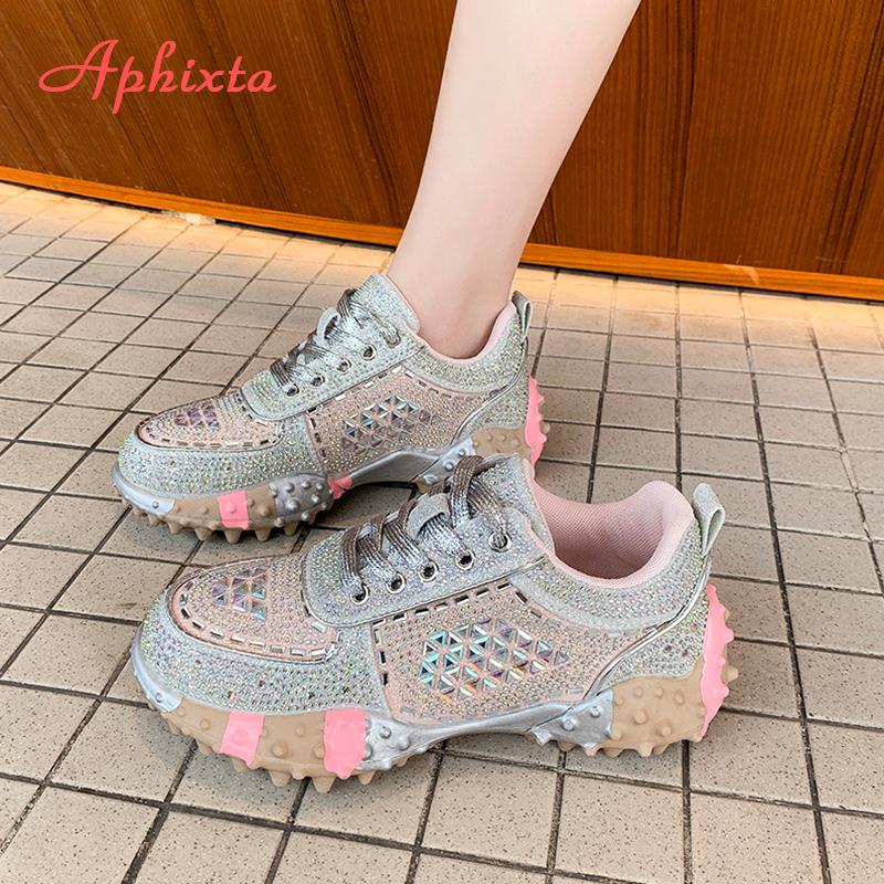 Aphixta Luxury Bling Sequine Sneaker Boots Spring Autumn Lace Up Women Shoes Thick Botton Rubber Sole Footwear Size43