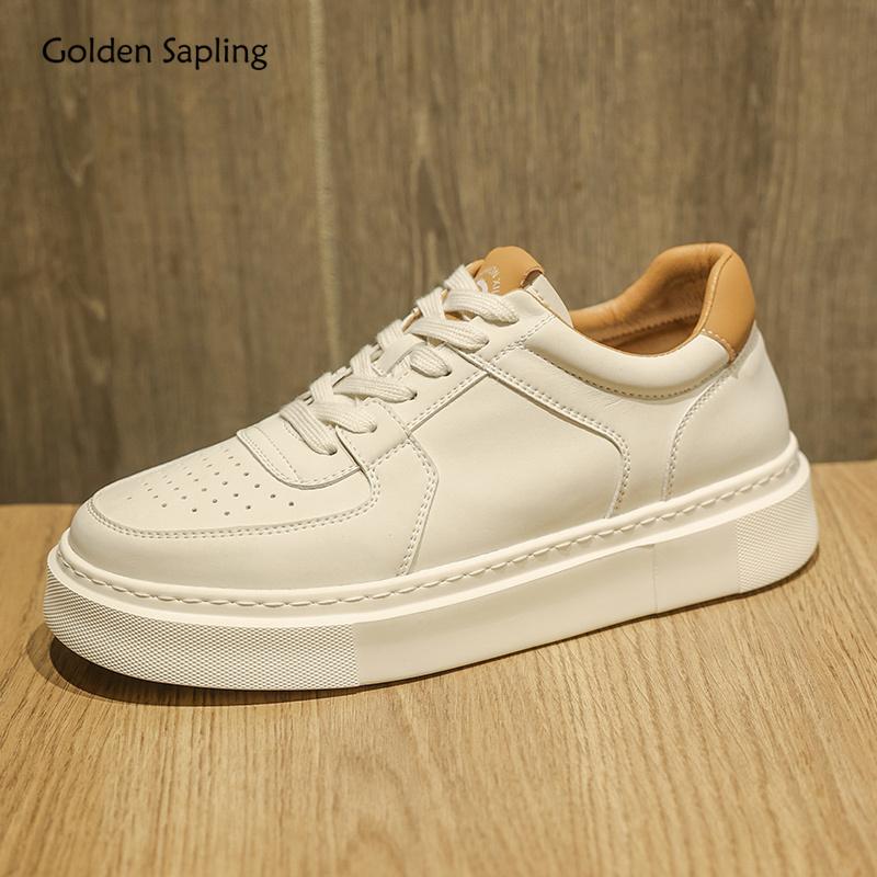 Golden Sapling Spring White Shoes Men Microfiber Leather Thick Soled Casual Sneakers Street Tide Flat Skateboard Shoes