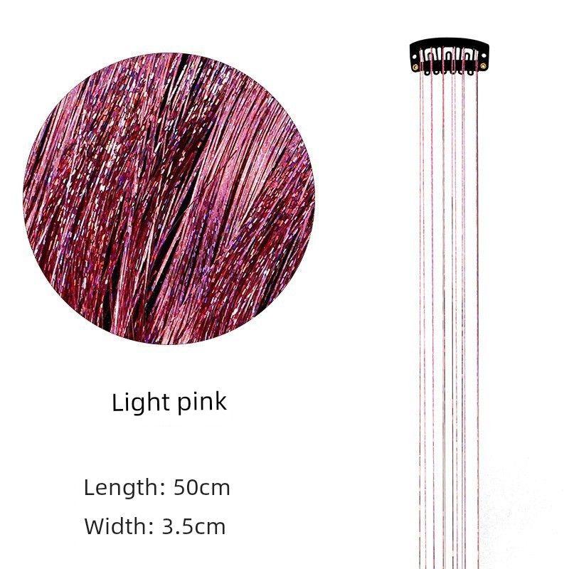 

Цветная яркая шелковистая прядь для наращивания волос K-style Flash Золотая нить Мелирование Цветные волосы Лазерный шелковый парик Набор Сцена Металлическая проволока Light pink (6PCs box) 50cm