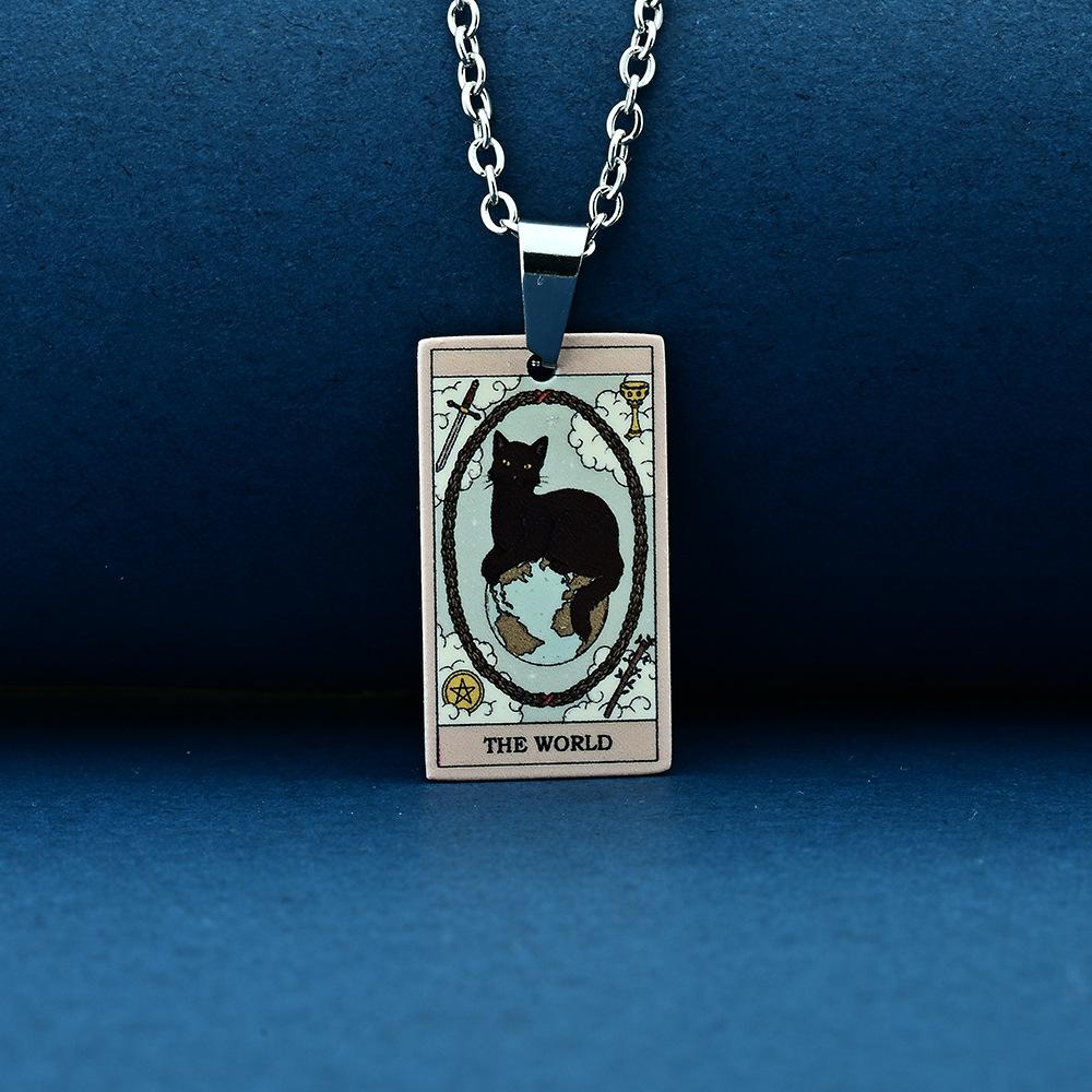 Stainless Steel Cat Tarot Card Necklace for Men Women Animal Divination Jewelry Accessory