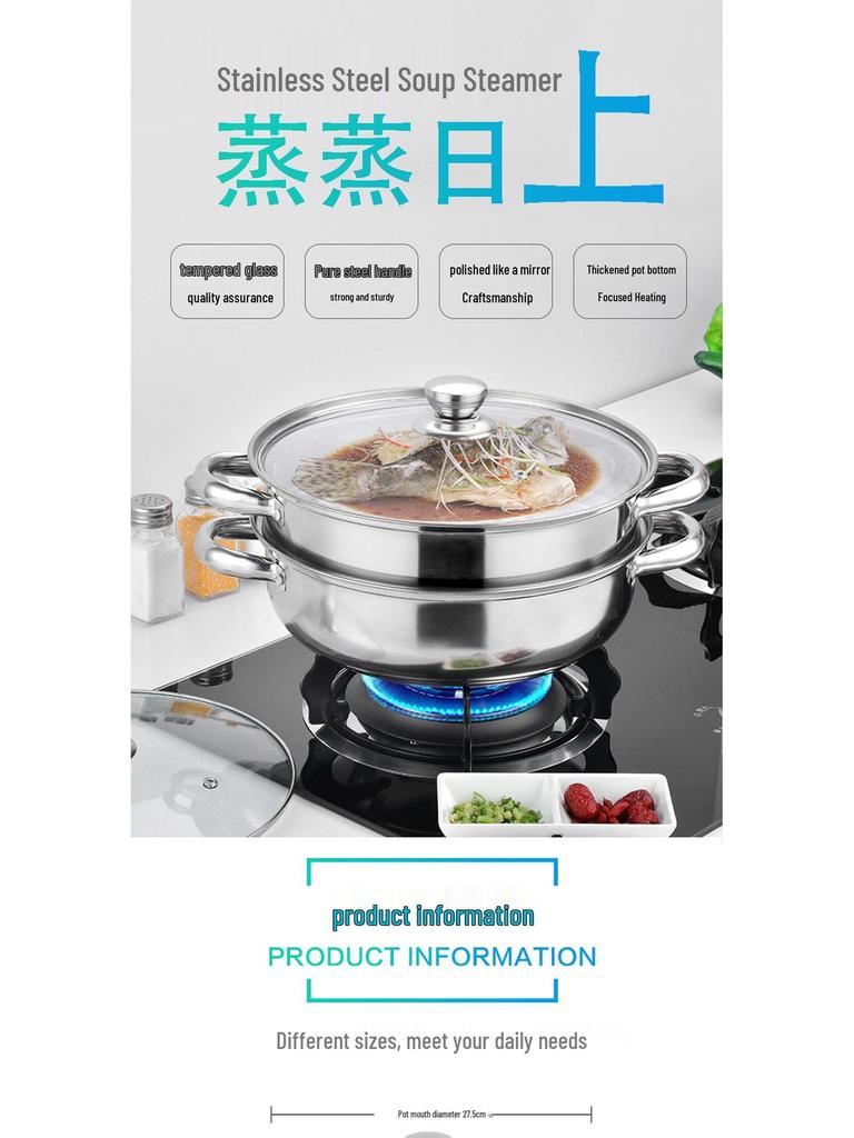 28cm Edelstahl Doppelschicht Dampfgarer mit Verdicktem Suppen- und Fischdämpfer und Einzelschicht Hot Pot - Werbegeschenk