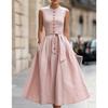 Women's Crew Neck Sleeveless Midi Dress Slim Fit Mid Waist Elegant Linen Blend Solid Color Button Front Tie Belt A-Line Dress