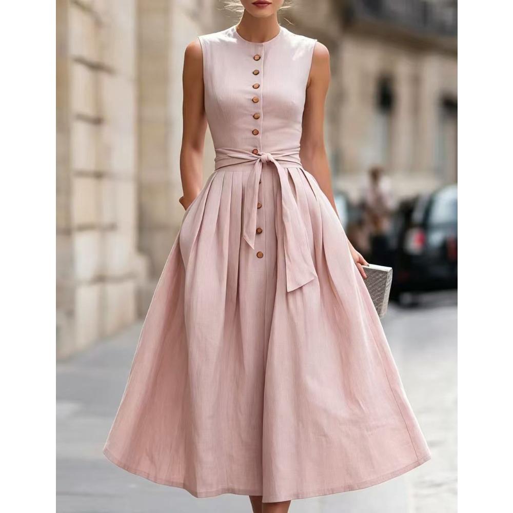 Women's Crew Neck Sleeveless Midi Dress Slim Fit Mid Waist Elegant Linen Blend Solid Color Button Front Tie Belt A-Line Dress