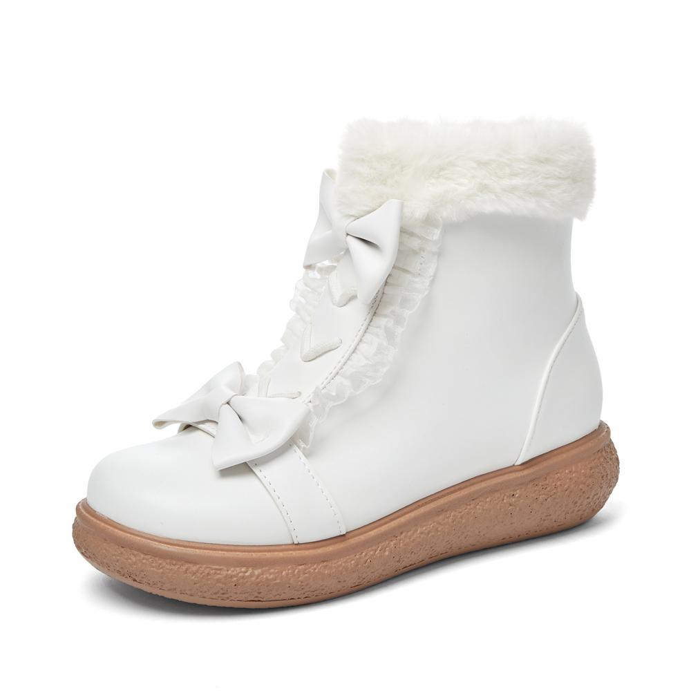 Fashion Faux Fur Winter Lolita Girl's Boots PU Leather Warm Plush Boots Anti-slippery Vintage Fashion Plush Boots For Big Girls 31-43