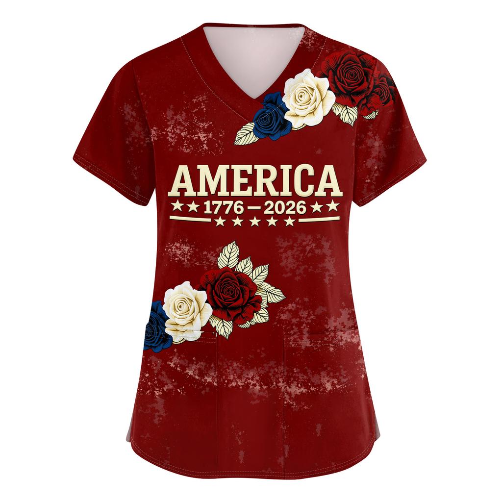 Damen Kurzarm Unabhängigkeitstag Aufdruck V-Ausschnitt Tasche Arbeitskleidung Oberteil