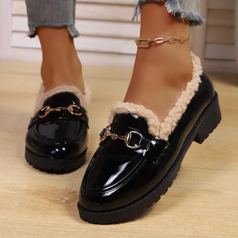 Women's Autumn British Style Leather Shoes - Low-Medium Heel, Fleece-Lined, Versatile