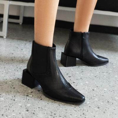 Leisure Dating Modern Low Boots Female Women Shoes Snake Pattern Patchwork Square Toe Block Heels Ankle Chelsea Boots