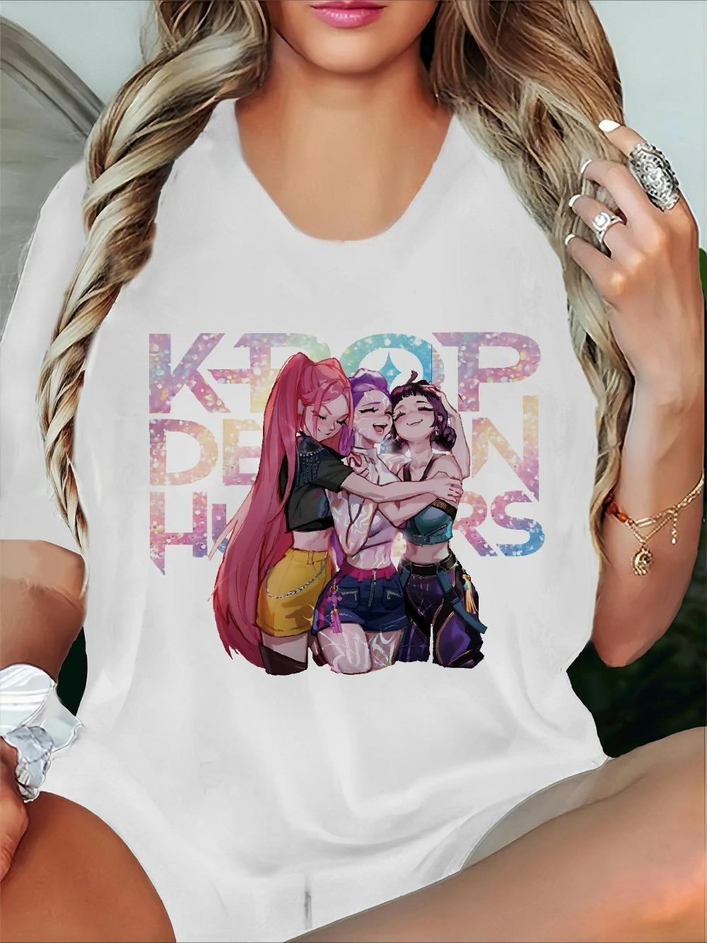 Женская футболка в стиле K-pop с принтом чиби-персонажей K-pop группы, дышащий топ с коротким рукавом для весны, лета и осени S