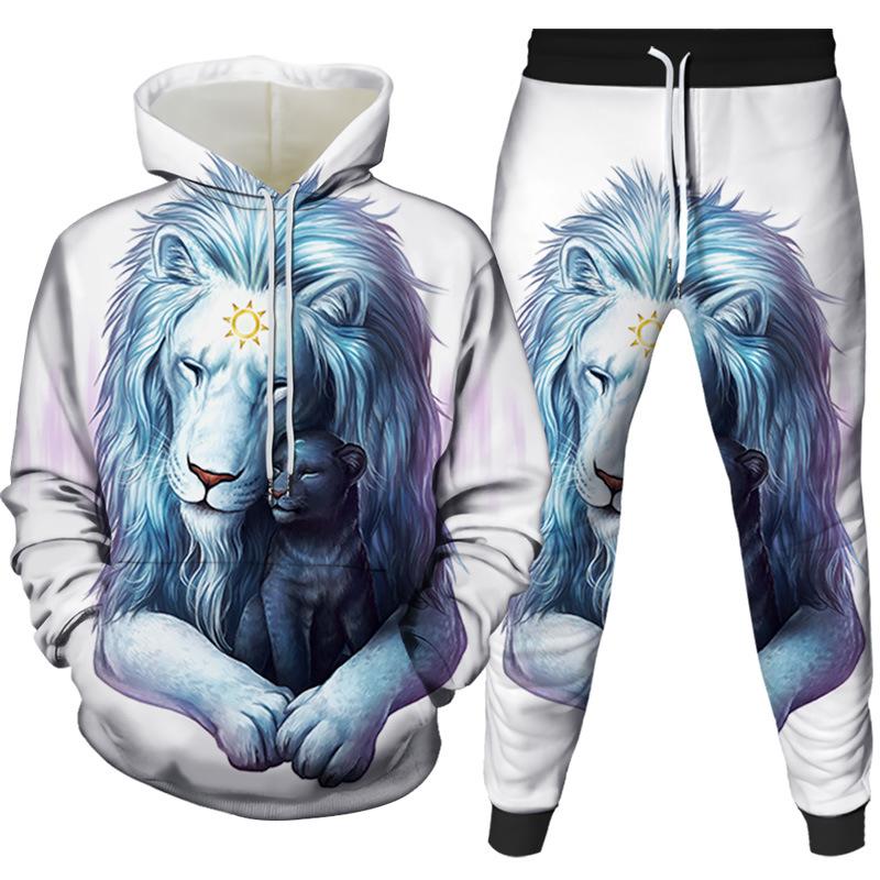 2022 foreign trade new 3d creative lion digital printing printing men's and women's hooded pullover casual sweater two-piece set