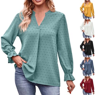 Women's Fashion Casual Loose Solid Color V-Neck Pullover Ruffled Long Sleeve Top T-Shirt