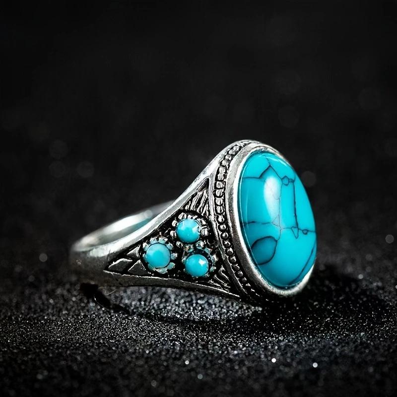 Bohemian Floral Turquoise Ring: Retro Carved Finger Jewelry with Niche Personality