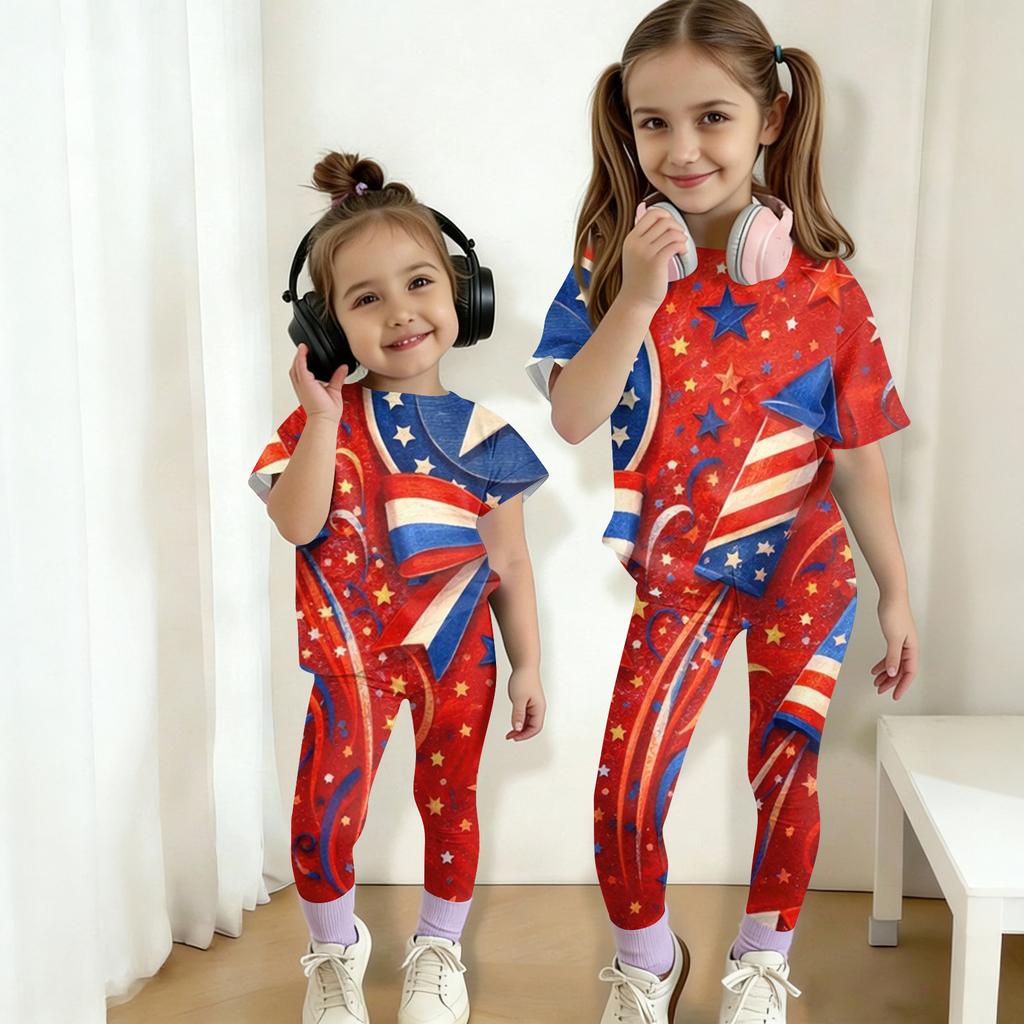 Jungen und Mädchen Unabhängigkeitstag Druck Set Kinder Freizeit Kurzarm Oberteil und Lange Hosen Set