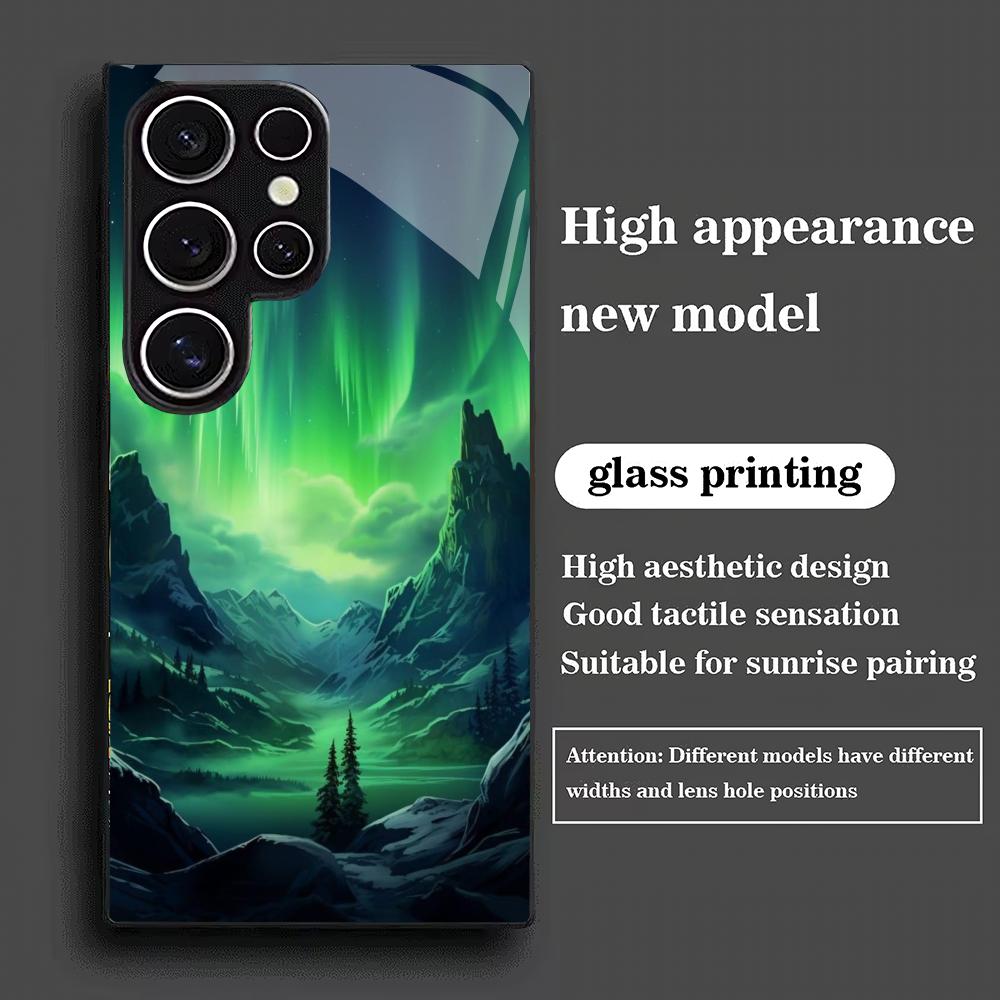 Green Aurora Tempered Glass Phone Case Suitable for Samsung Galaxy S26 S25 S24 S23 S22 S20 FE/Ultra/Plus Anti Drop Back Cover