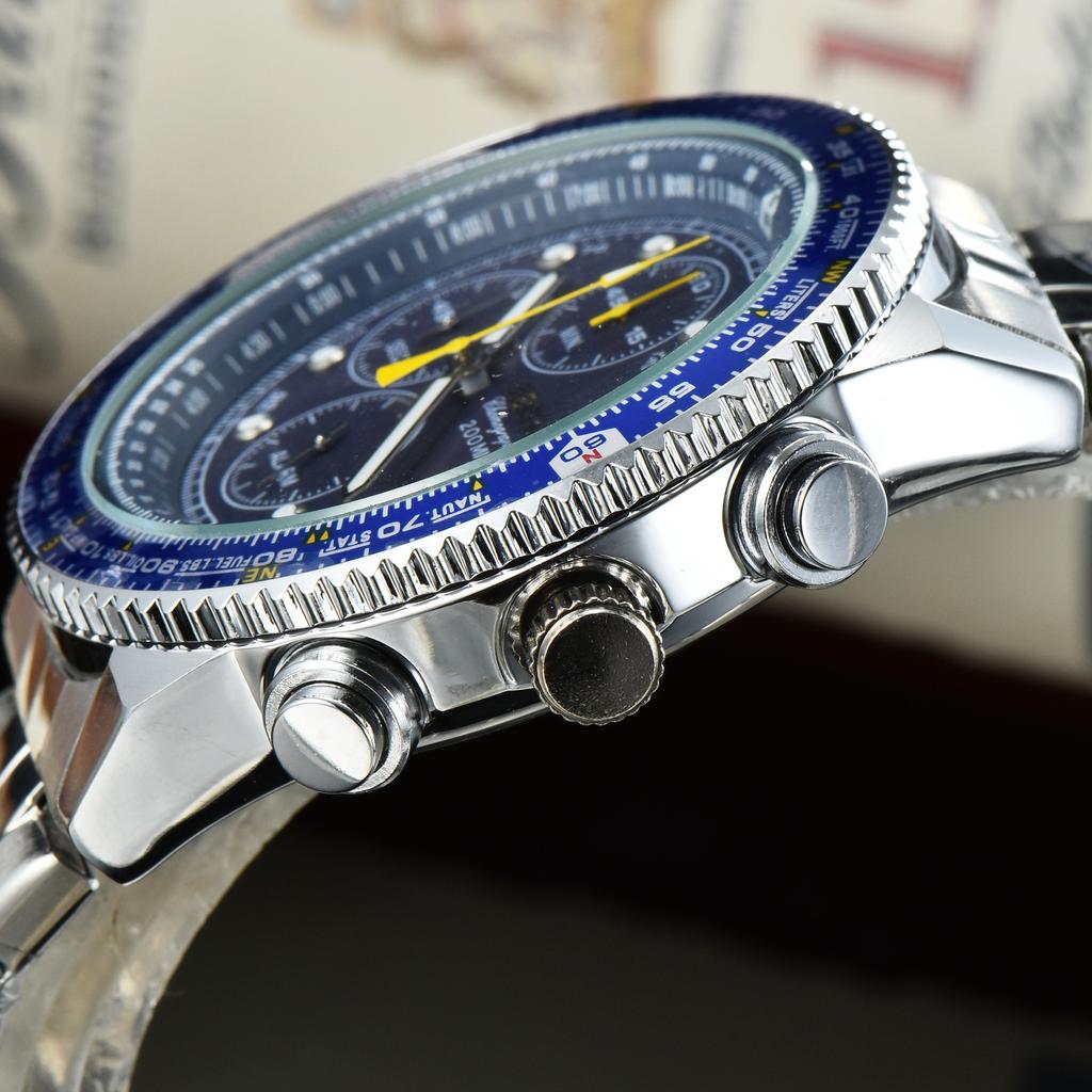 SEIKO Herren Quarz Chronograph Uhr Edelstahl / Lederarmband Tachymeterlünette Leuchtzeiger Datum Sport Business Herren Armbanduhr