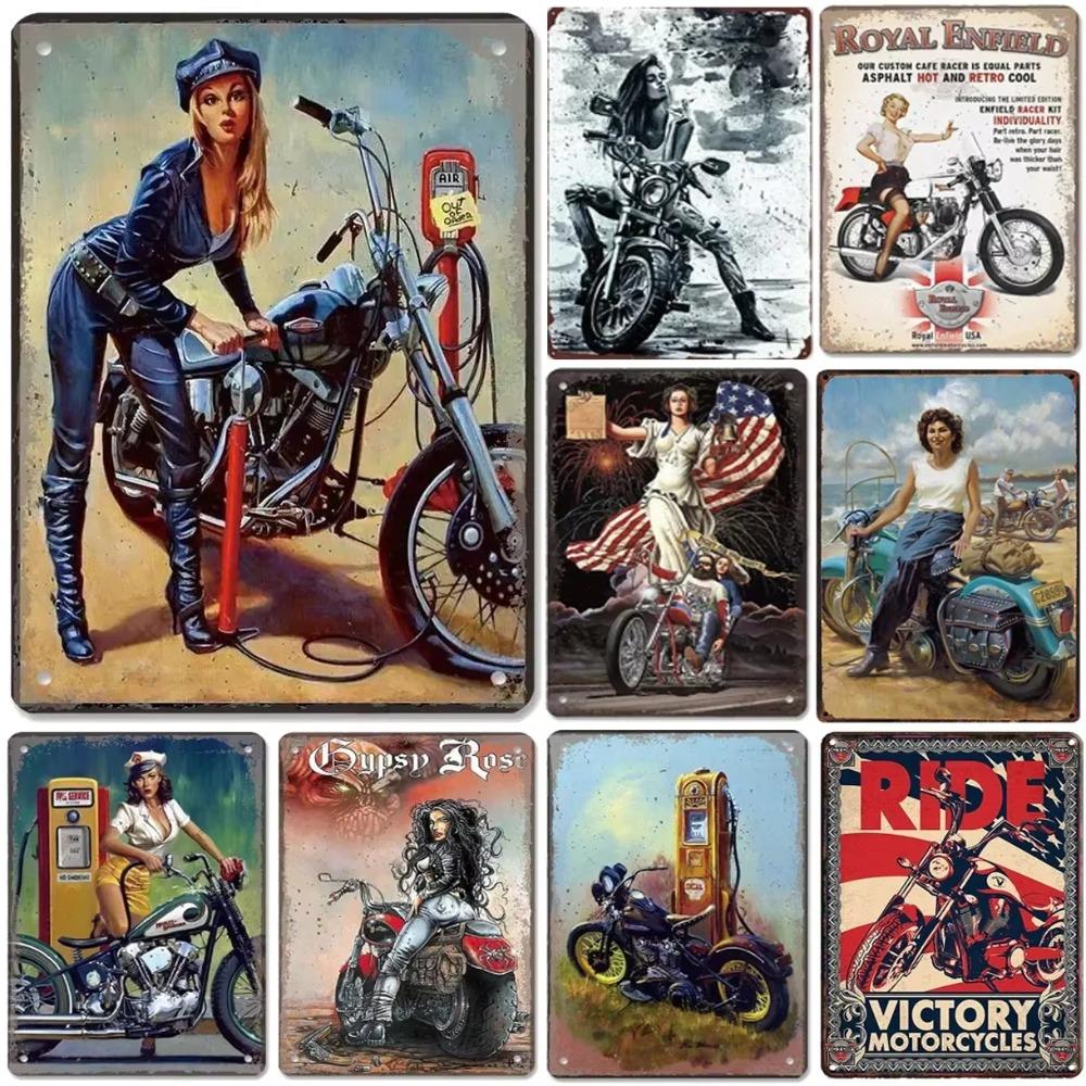 MotorcycleVintageCo Pinup Kovové cedule - Vintage umělecké plakáty - Železná malba Nástěnná dekorace - Pozvedne výzdobu v pánském doupěti a baru