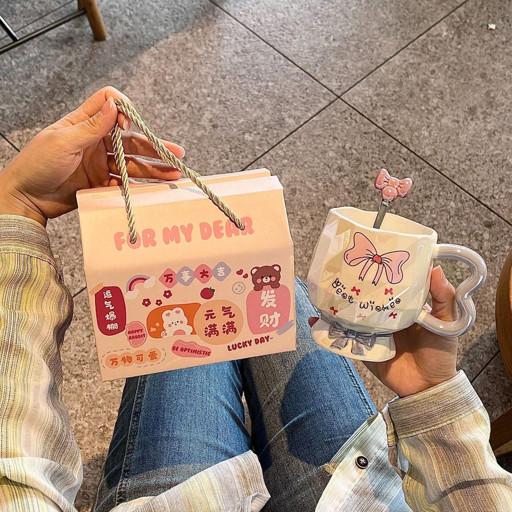 Bow Mug High Looking Girl Heart Cup Ceramic Water Cup Home Couple Office Coffee Breakfast Cup