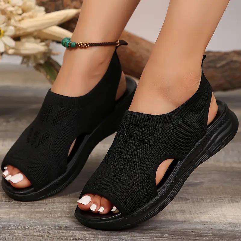Women's Knit Upper Sandals, Breathable Peep Toe Elastic Slip On Shoes, Comfy Outdoor Sporty Sandals